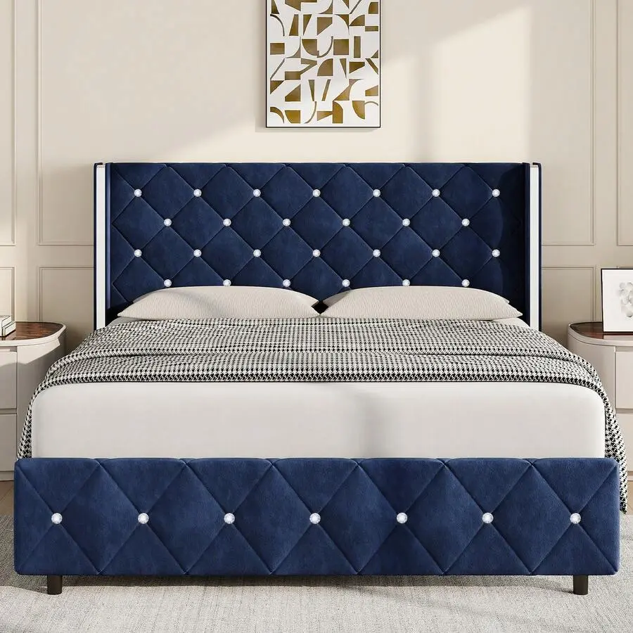 Twin/ Full/ Queen/ King Size Bed Frame With Wingback Headboard, Upholstered Bed Frame With Diamond Headboard And Footboard, Faux Leather Modern Bed Frame, Easy Assembly, Purple/ Blue/ Pink/ White/ Black/ Green