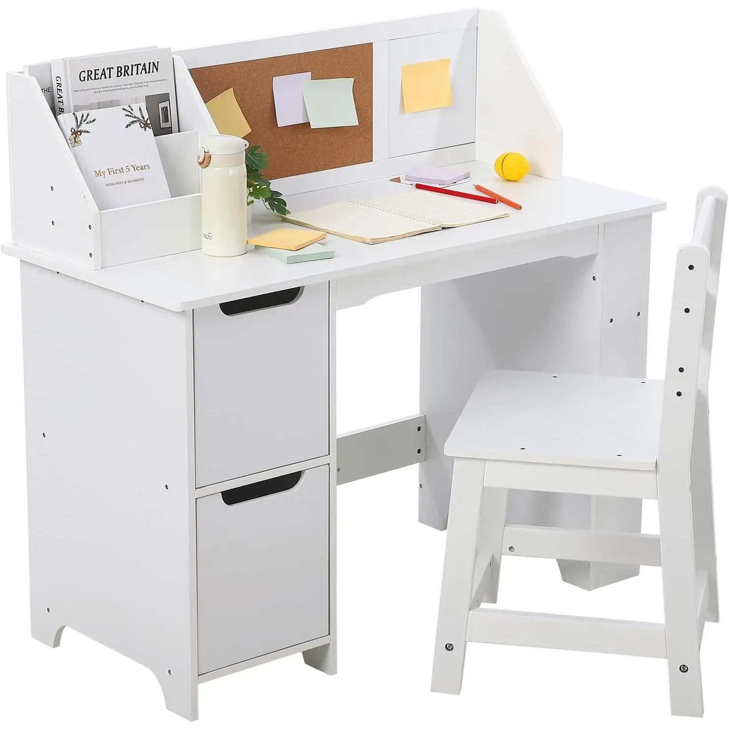GARVEE Sturdy Engineered Wood Children's Desk & Chair Set - Home Learning Table with Storage Hutch, Bulletin Board Creative Display, Backrest, Compact Computer Desk, White, Assembly Required