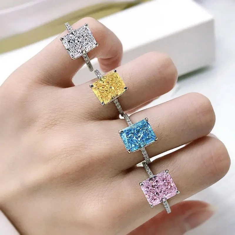 OEVAS 100% 925 Sterling Silver 8*10mm Yellow Pink Aquamarine High Carbon Diamond Radiant Cut Rings For Women Party Fine Jewelry modern gift minimalist anxiety relief tungsten cubic zirconia charm bridal fashion special moment
