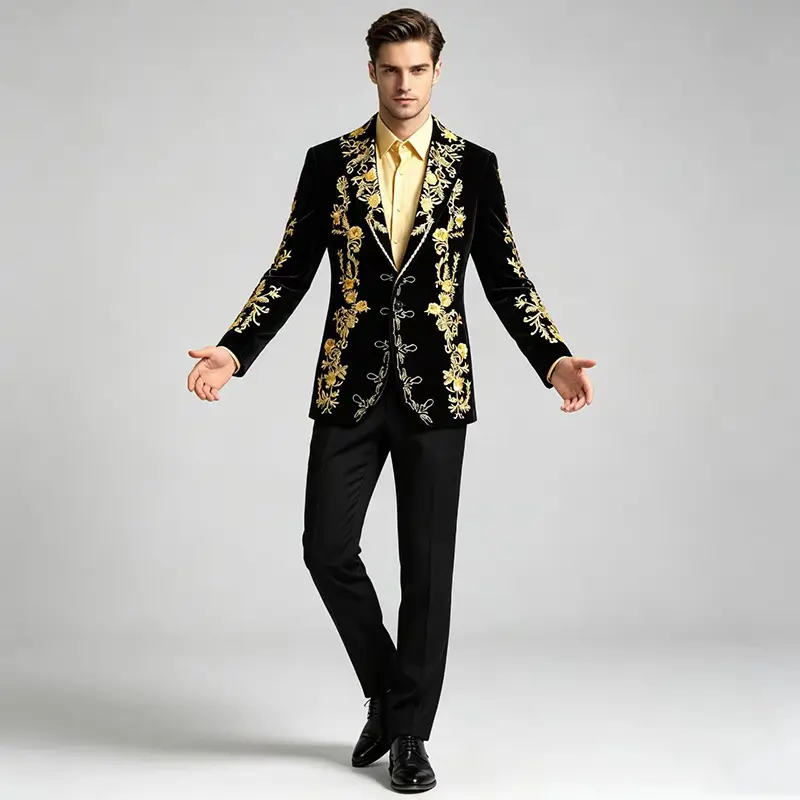 Premium Black Velvet Gold Floral Embroidery Blazer, Stylish Formal Jacket for Host Wedding & Events