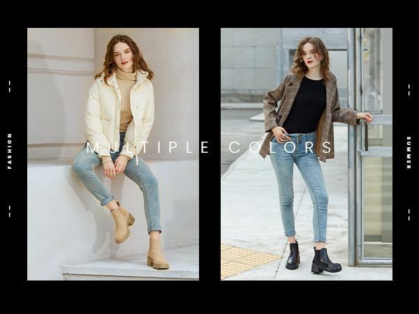 Women's Chelsea Boots Fashion Lug Sole Chunky Heel Slip on Elastic Ankle Booties