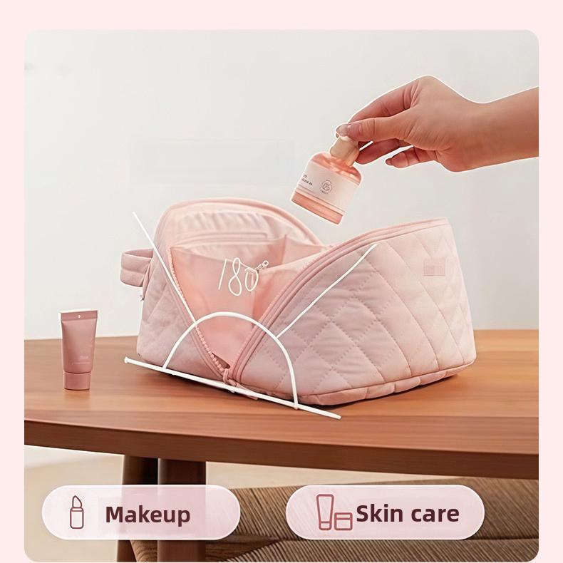 Travel Makeup Bag for Women - 180° Lay-Flat Large Puffy Cosmetic Organizer with 5 Compartments, Machine Washable Puff Bag, Ideal Gift for Her Travel Makeup Bag for Women - 180° Lay-Flat Large Puffy Cosmetic Organizer with 5 Compartments, Machine Washable Puff Bag, Ideal Gift for Her