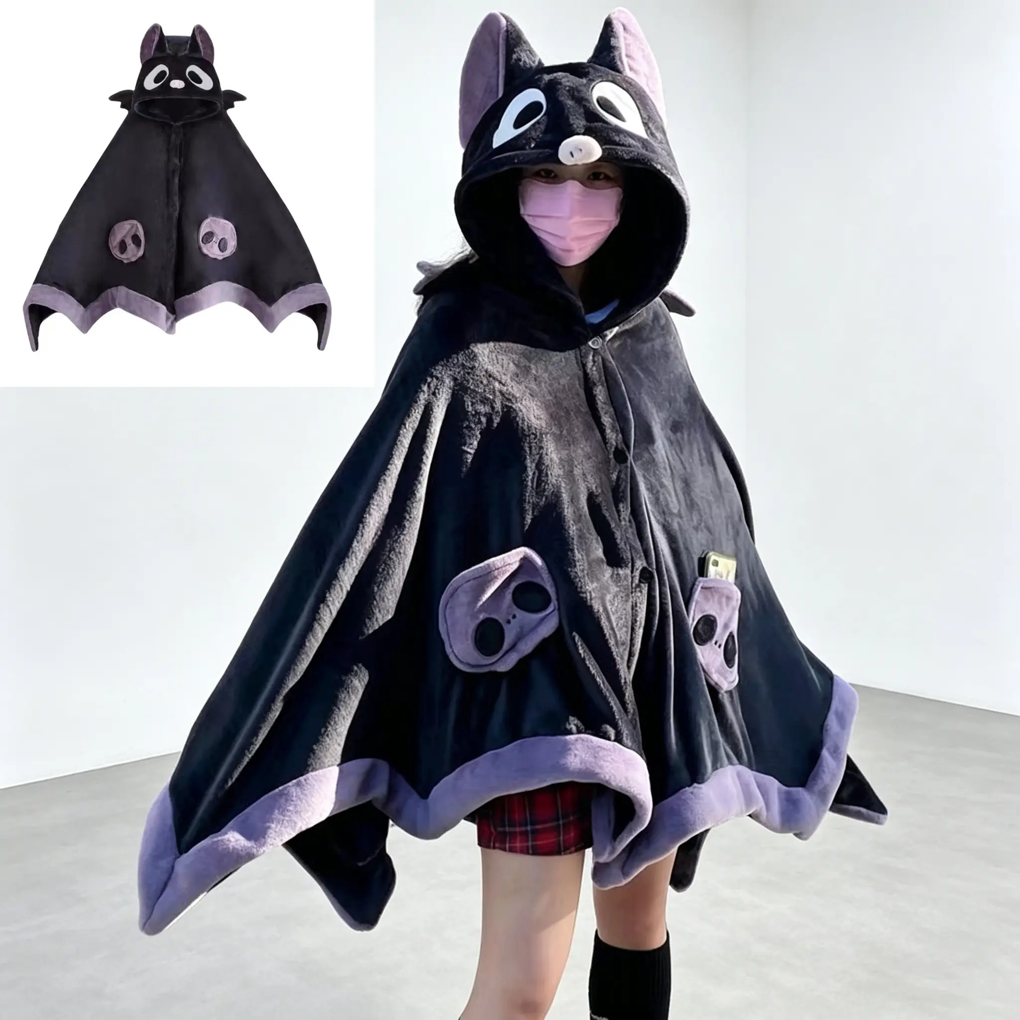 Funny Oversized Bat Hooded Flannel Cape for Women, Cozy Wearable Blanket Loungewear, Y2K Gothic Novelty Halloween Costume Poncho for Chilly Winter Nights