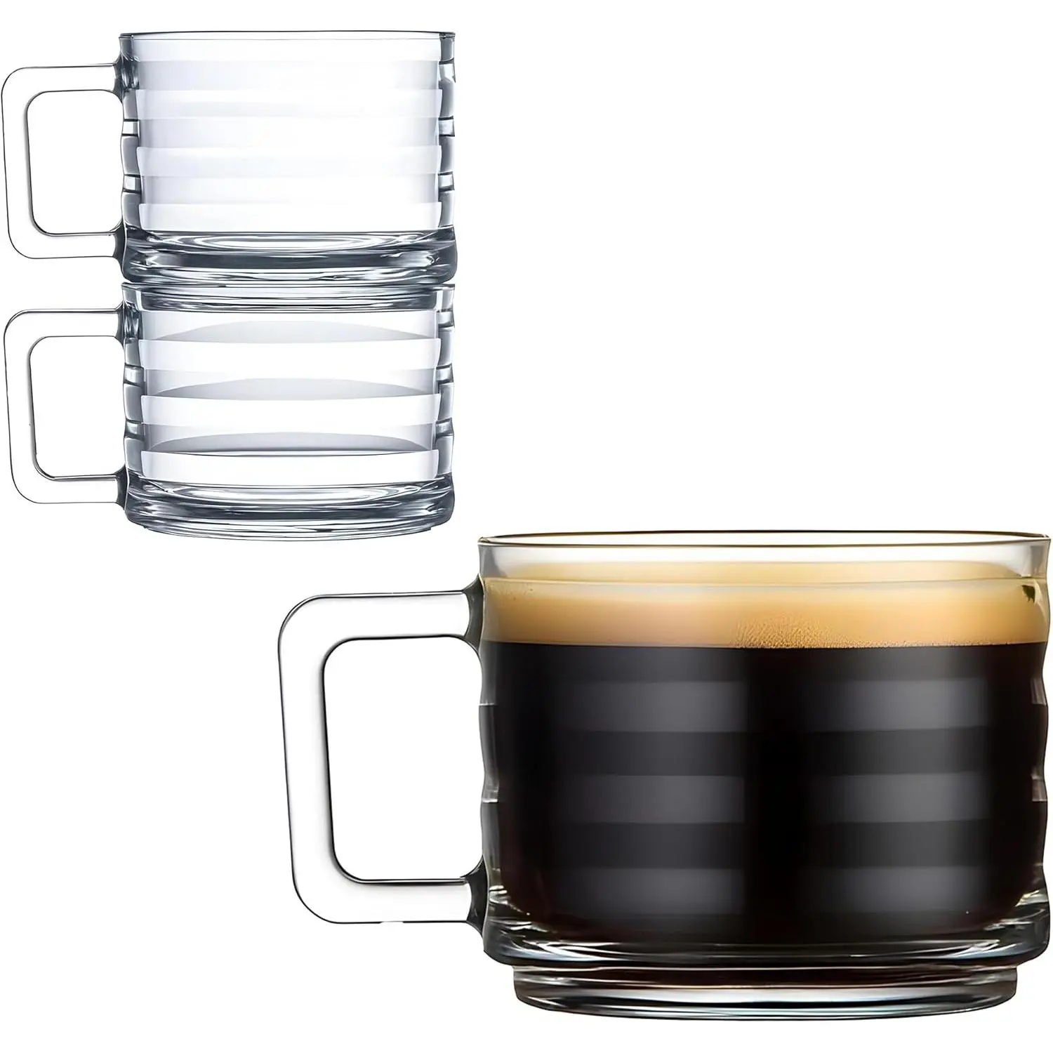 Stackable Coffee Cup Set, Fully Tempered Coffee Mug,  Cup Set, Ribbed Glassware,  Glass Coffee Mugs, Turkish Coffee Cup Set, Cappuccino Cup, Housewarming  (250cc/8.5oz) (Set of 2)