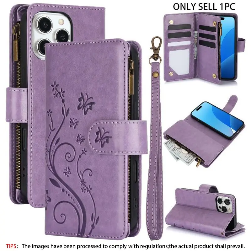 Floral Pattern Phone Case with Card Slot & Lanyard, Zipper Wallet Design Phone Case, Phone Accessories for iPhone, Cover, Phone Accessory Compatible