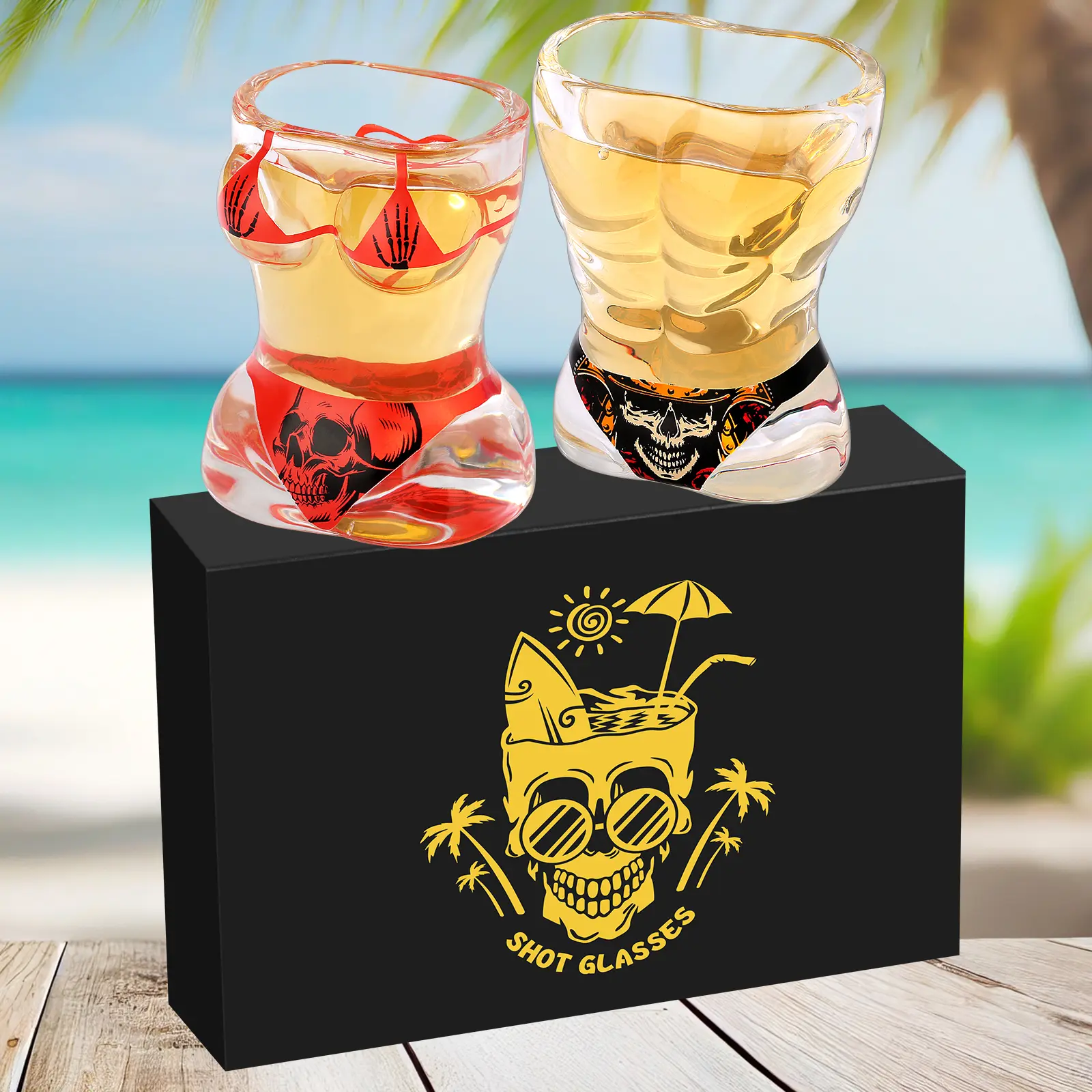 Skeleton-Style 2-Piece Small Wine Glasses - Black Muscle Men & Red Bikini Designs, Kitchen Drinkware, Bar Tools, Party Gifts, Family Gatherings, Company Gatherings