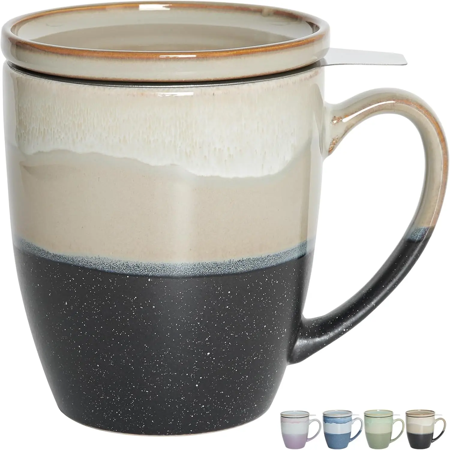 Ceramic  Cup with Infuser and Lid, 16 Oz, 4 Colors to Choose, Dishwasher and Microwave Safe, Steeping  Mug with Strainer, Reactive , (Grey)