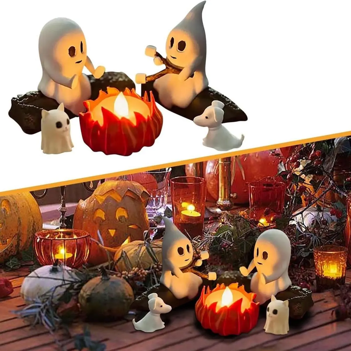 Halloween Ghost Bonfire Night Light – Resin LED Tea Light with Cute Ghost & Ghost Dog/Cat, Flameless Flicker Warm Glow, Spooky Cute Table Decor for Bedroom Living Room, Halloween Gift for Kids Adults