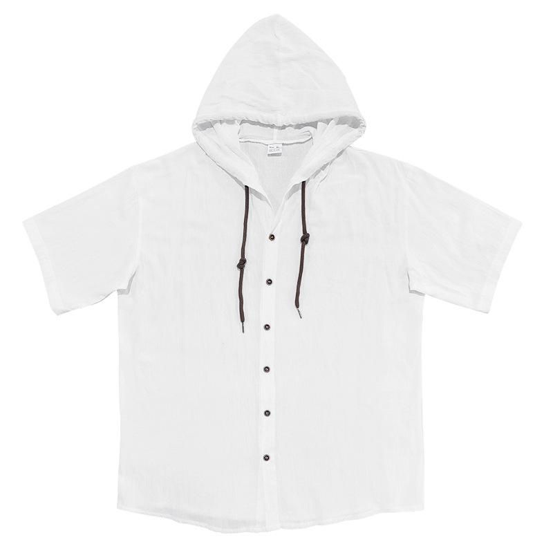 American-style Summer Lightweight Breathable Linen Amekaji Loose-fitting Hooded Men's Short-sleeve Shirt 95% Linen 5% Polyester Casual Menswear