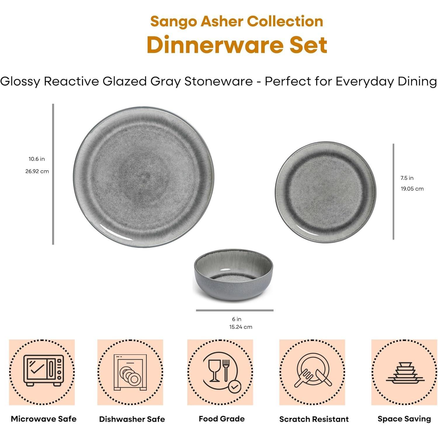 Asher 12- Stoneware Dinnerware Set for 4, Gray Ceramic Plates and Bowls Sets, Modern Dish Set with Reactive , Durable Kitchen Dishes for Casual Dining, Microwave & Dishwasher Safe