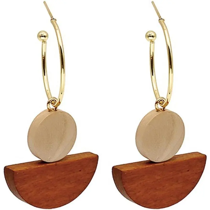 CHUNYANAN Personality  Asymmetrical Round Wooden Earrings  Geometric Leaf Earrings for Women