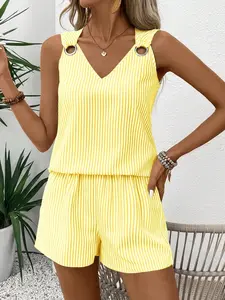 Women's Summer Casual Striped Sleeveless Two-Piece Set, Lightweight, Fresh and Simple Style, Perfect for Daily Wear and Vacation