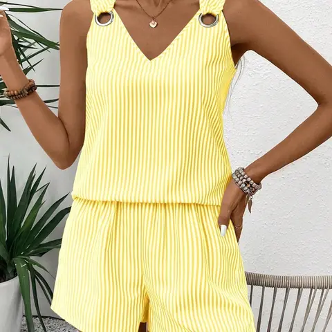 Women Summer Striped Sleeveless Two-Piece Outfit Clothes, Lightweight Casual Top Set for Daily Vacation