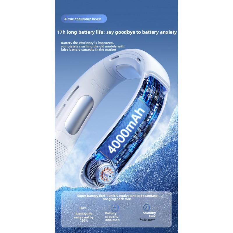Portable hands-free neck fan with advanced semiconductor cooling technology. Features ice compress function and bladeless design for safe, comfortable cooling. USB rechargeable, lightweight and perfect for outdoor, travel, sports and daily use. Enjoy inst