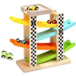 Wooden Race Track Car Ramp Racer - Non-Toxic Paint, BPA-Free, ASTM F963 Certified with Tensile Tests, EN71 Toy Safety Standards, Learning Toy, 12"x4"x10", 4 Mini Cars, No Concerns About Wheels, 1-2 Year Old Toddler Birthday Gifts for Boys & Girls