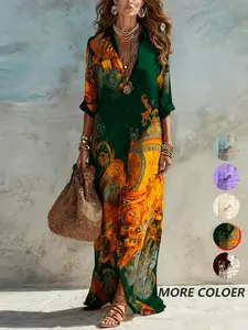 Casual Random Print Notched Lapel Button Long Slim Fit Dress, Women's Fashionable Evening Wear, Elegant and Comfortable Design