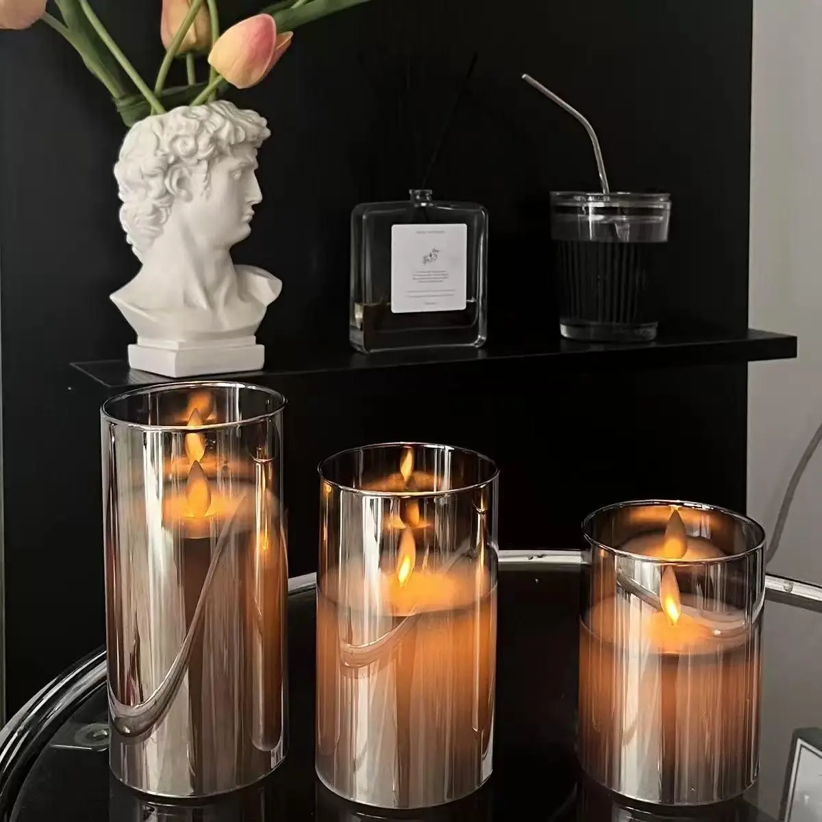 Premium Grey Flameless Candles 3-Pack, Flickering LED Glass Candles with 10-Key Remote & Timer, Battery Operated Pillar Fake Candles for Home Decor, Romantic Dinner, Night Light