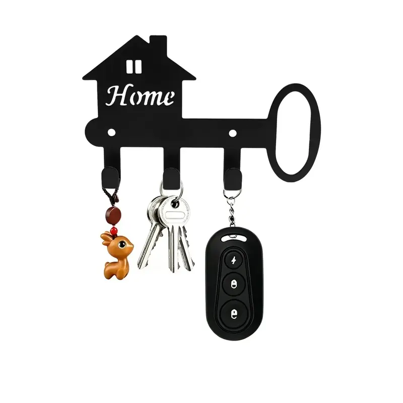 1pc House & Key Shape Metal Key Hook Rack with 3 Hooks, Matte Black Wall Mount Key Holder with Home Letter Print, Decorative Entryway Organizer for Keys Hats & Accessories