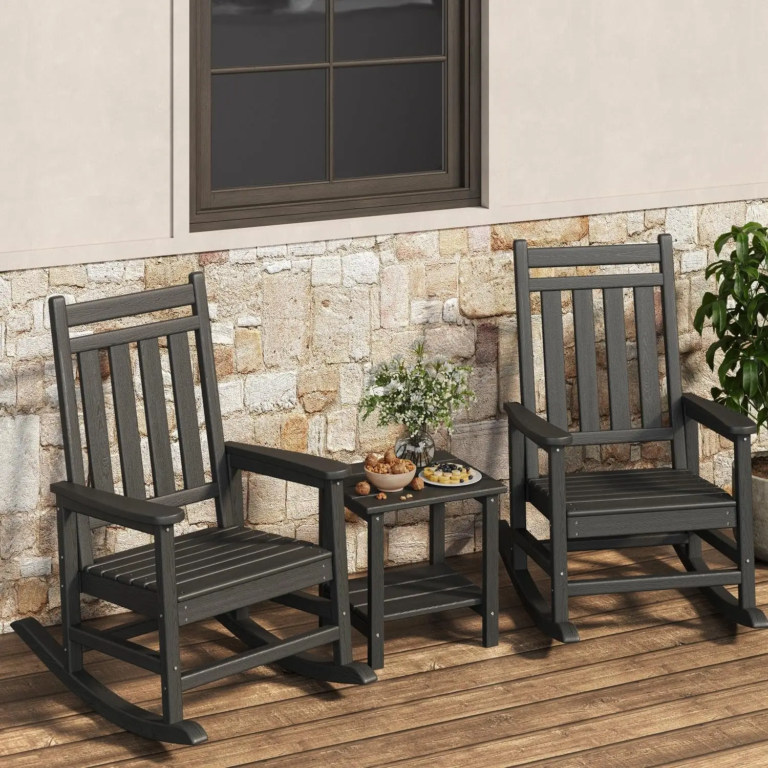 Garvee Heavy Duty HDPE Adirondack Rocking Chairs Set – 2 Patio Chairs with Side Table, Ergonomic High Back, Weather Resistant, Outdoor Garden Furniture for Porch/Deck/Balcony – Black
