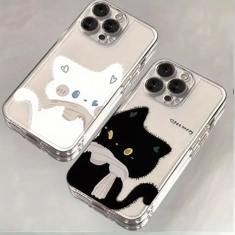 Clear Soft TPU Shockproof Phone Case for iPhone 11/12/13/14/15/16/17 Air/Pro Max, Kawaii Kitten Scarf Black White Cat Heart Print, Minimalist Aesthetic Couple Matching Anti-Scratch Protective Shell anti-fall fashionable