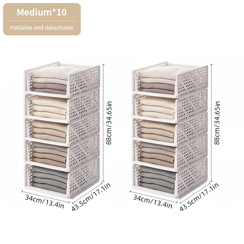 Stackable Plastic Storage Baskets - Drawer-Style Collapsible Space-Saving Organizers with Breathable Hollow Panels, Heavy-Duty Support Rods, Large Capacity for Wardrobe, Home Office Shelves