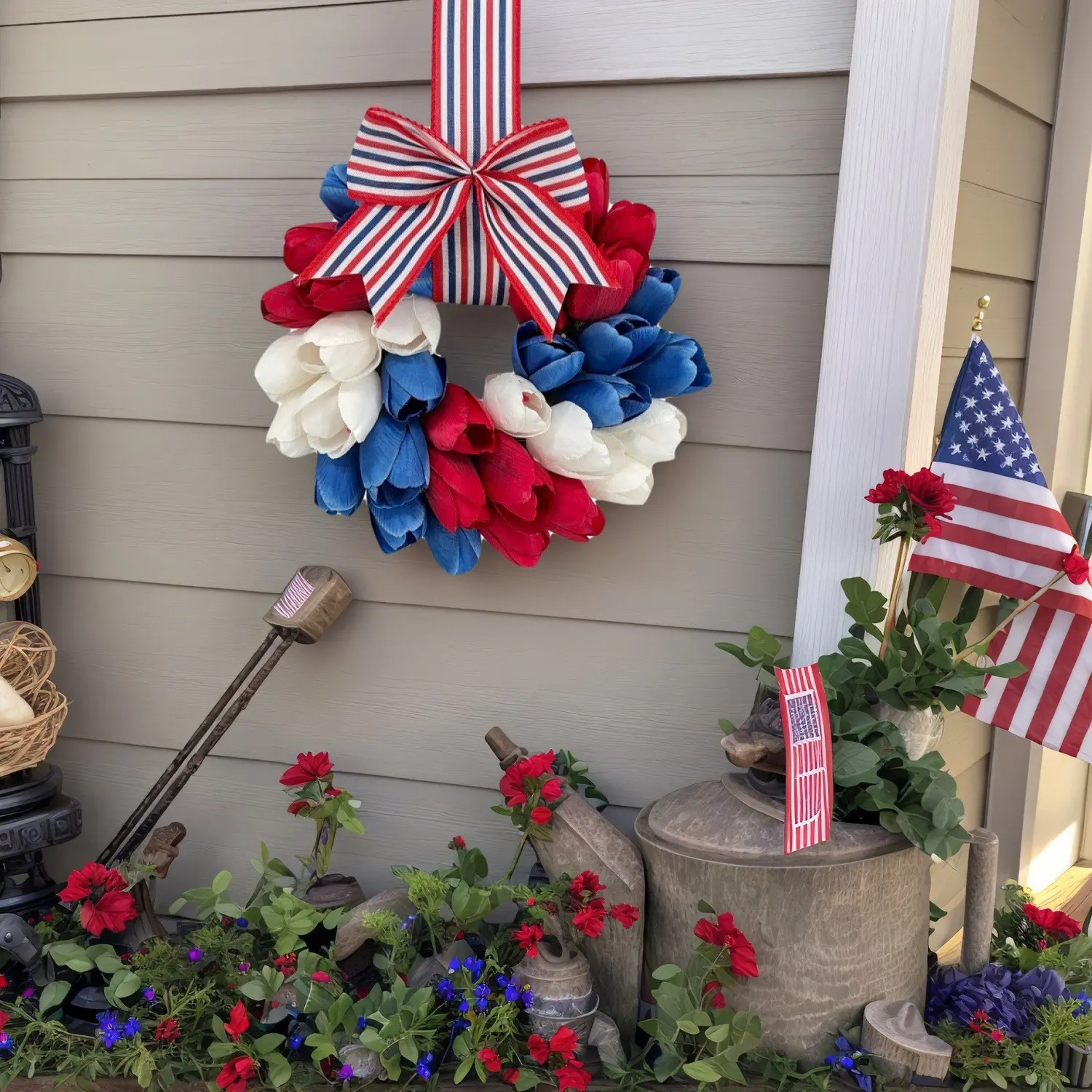 Patriotic Tulip Silk Wreath, Blue Memorial Day July 4th Wreath, Front Door Decoration, Independence Day Party Decor, Holiday Wedding