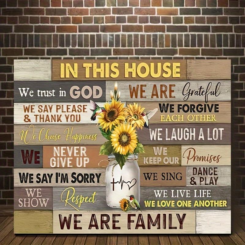 1pc Wooden Framed Jesus Canvas Art Print: In This House We Trust In God Canvas Print Poster Picture with Sunflower Mason Jar Hummingbird for Bedroom Home Decor Ready to Hang Gift