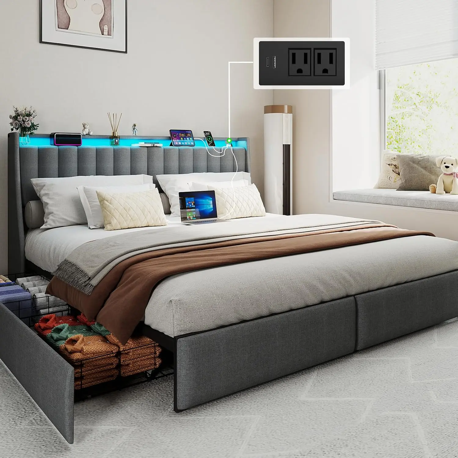 Doltoro King Size Bed Frame with 4 Storage Drawers and Headboard, Upholstered King Platform Bed with Charging Station and LED Lights, Noise-Free, No Box Spring Needed, Easy Assembly, Gray 87.7"L x 79"W x 42.24"H