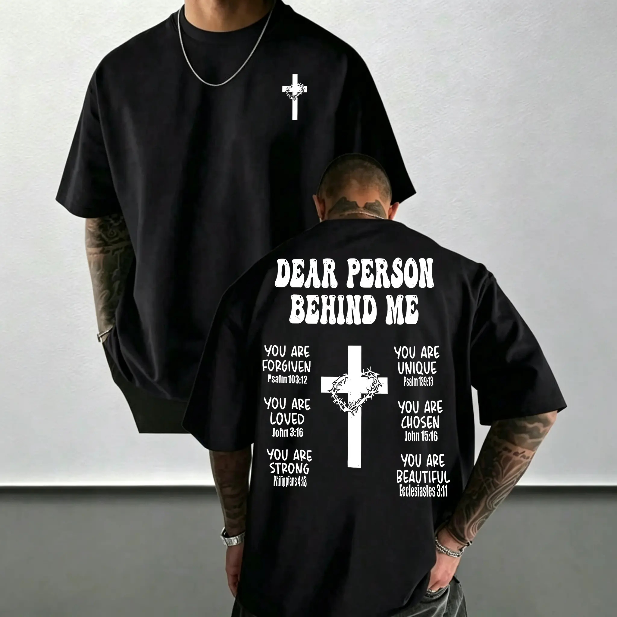 Men's 100% Cotton Round Neck Breathable Loose Fit Graphic Print Tshirt - Dear Person Behind Me, Cross Crown Of Thorns, Inspirational Bible Quote, All Seasons Christian Faith Short Sleeve Menswear Top, Gift For Believers, Loose Fit Shirts, Hot Stamping