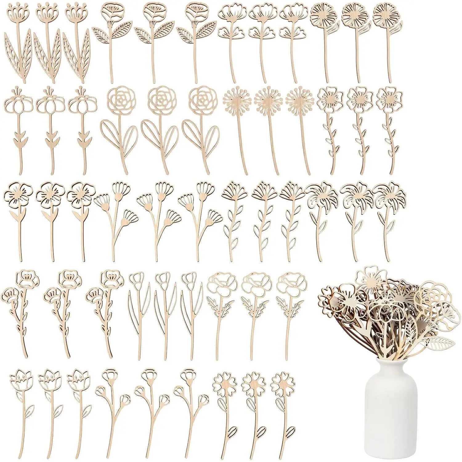 54-Piece Rustic Solid Wood Wildflower Cutouts Set, Wooden Craft Signs - Laser-Cut Natural Wood Floral Decor for Home, Wedding, DIY Vase Fillers
