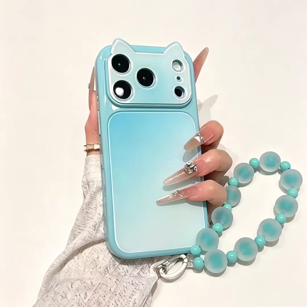 3D Cute Cat Ear Gradient Silicone Phone Case with Custom Wrist Strap - Precise Hole Positioning, Full Protection for iPhone 17/16/15 Pro Max iOS Series, Multi-Color Luxury Crystal Texture Wear-Resistant Mobile Phone Accessories