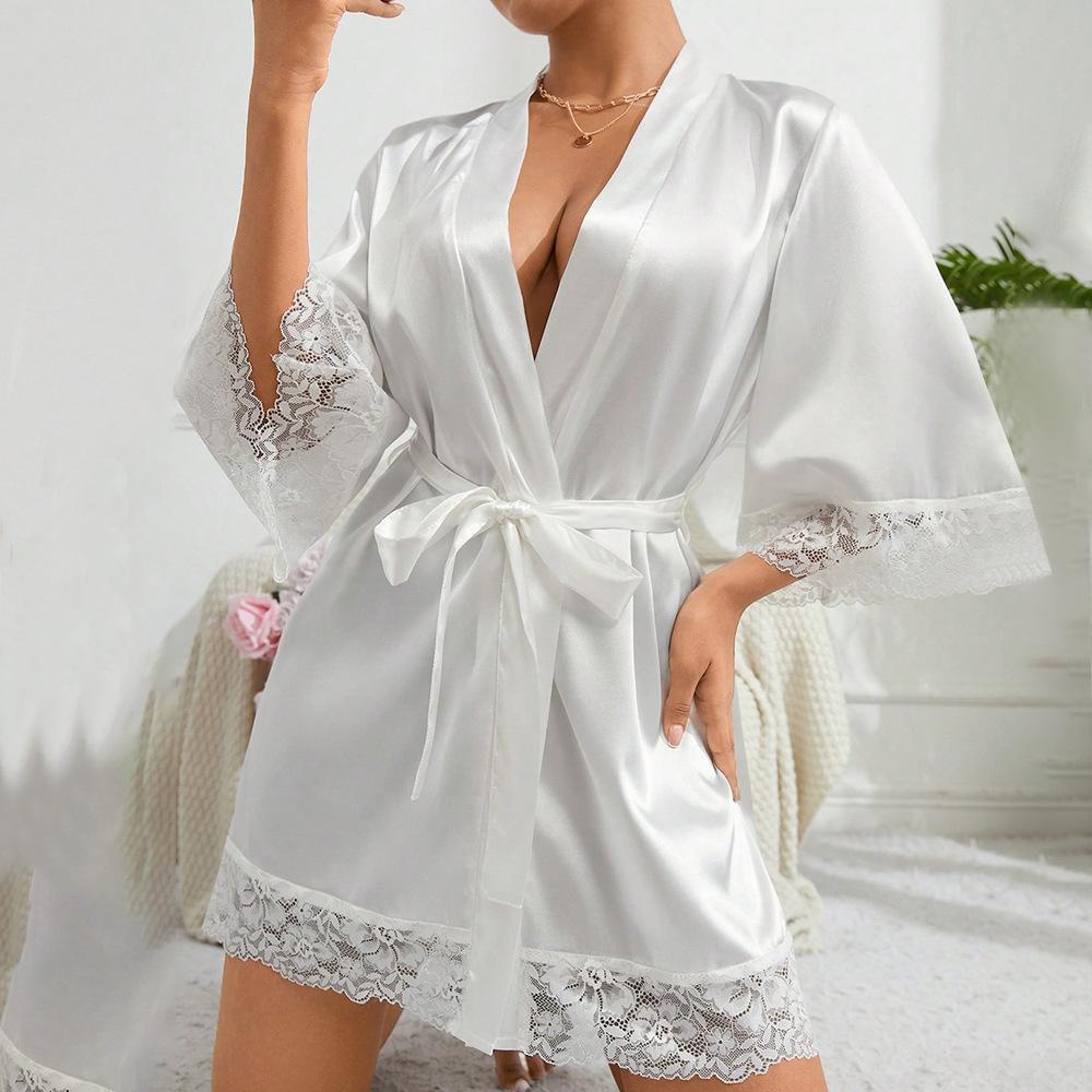 2026 New Ladies Elegant Satin Robe Lace Trim Kimono Short Sleepwear Nightgown V Neck Belted Bridal Loungewear Bridesmaid Gift