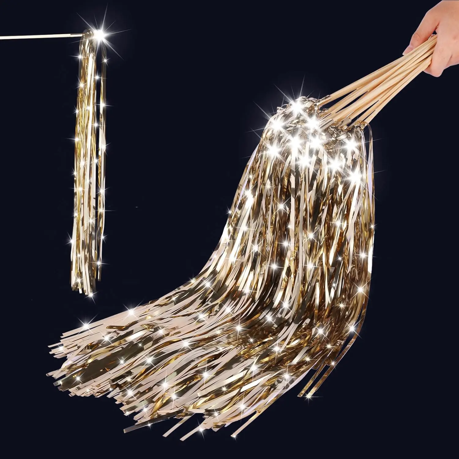 100 Pcs LED Light Up Wedding Wands with Tinsel Streamers Ideal Props for Weddings Birthday Parties Christmas Cheerleading Games (Champagne)