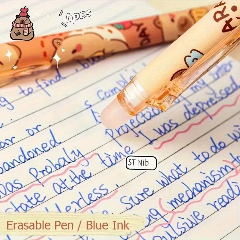 6-Pack Cute Capybara Theme Erasable Plastic Pens, 0.5mm Fine Tip, Quick-Dry Ink, Lightweight Retractable Ballpoint,Eraser, Office & School Supplies
