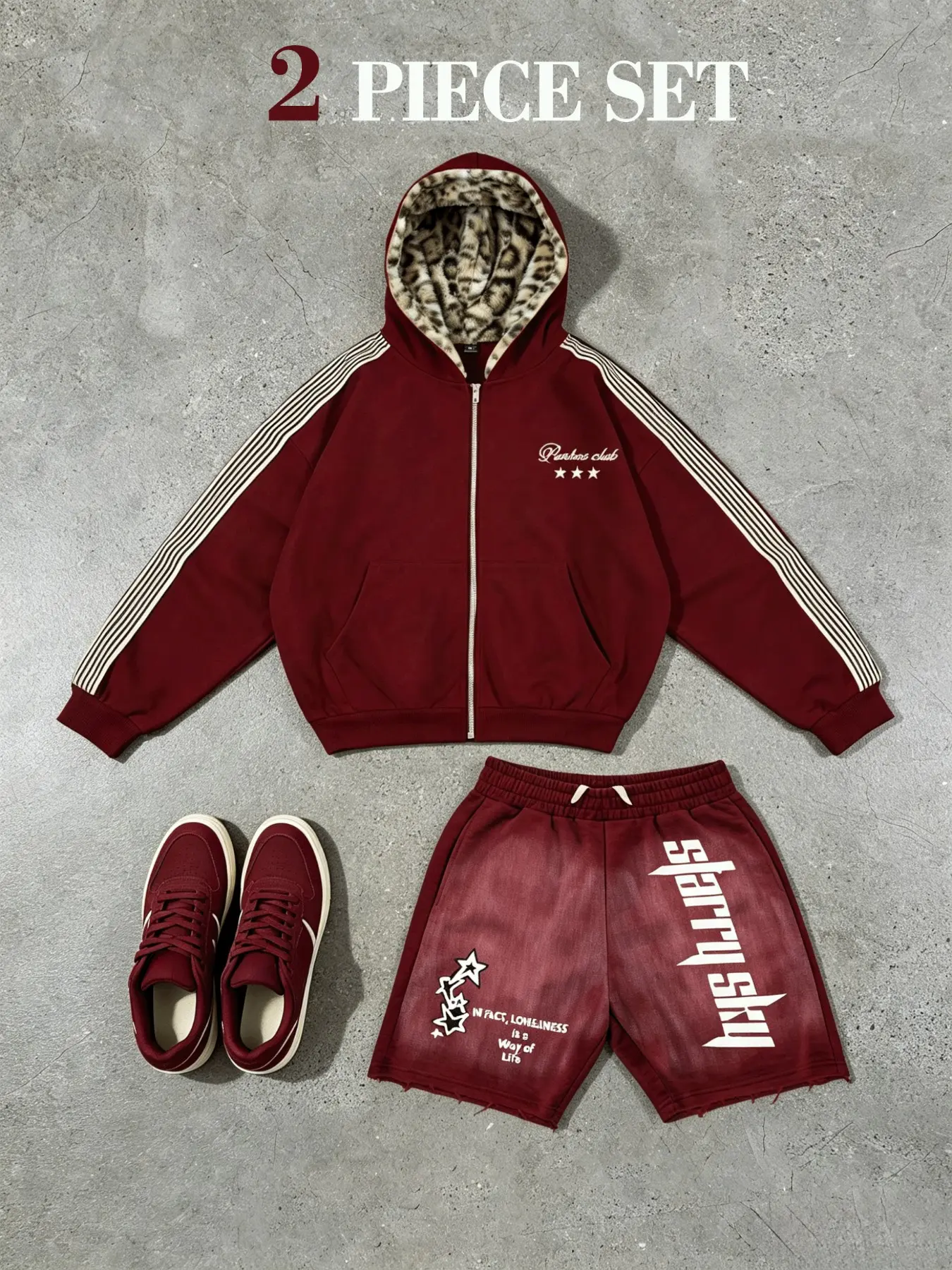 Men's Y2K Millennial Style Two-Piece Sports Set, Burgundy Leopard Print Hoodie, Star Letter Embroidery, Loose Fit, Streetwear, Home Fitness, Leisure Sports Suit