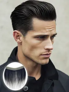Frontal Hairpiece Toupee for Men， Natural Black Real Human Hair Extension Hairline Loss Straight Tape in Human Hair ，Human Hair Hairpieces Toppers Replacement Toupee，Skin PU Around Base V-Looped,(Natural Black)