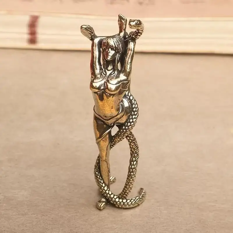 Creative Brass Beauty and Snake Mini Sculpture, Home Decor for Living Room, Study, Office Desk, Tea Pet Ornament, Desktop Decoration