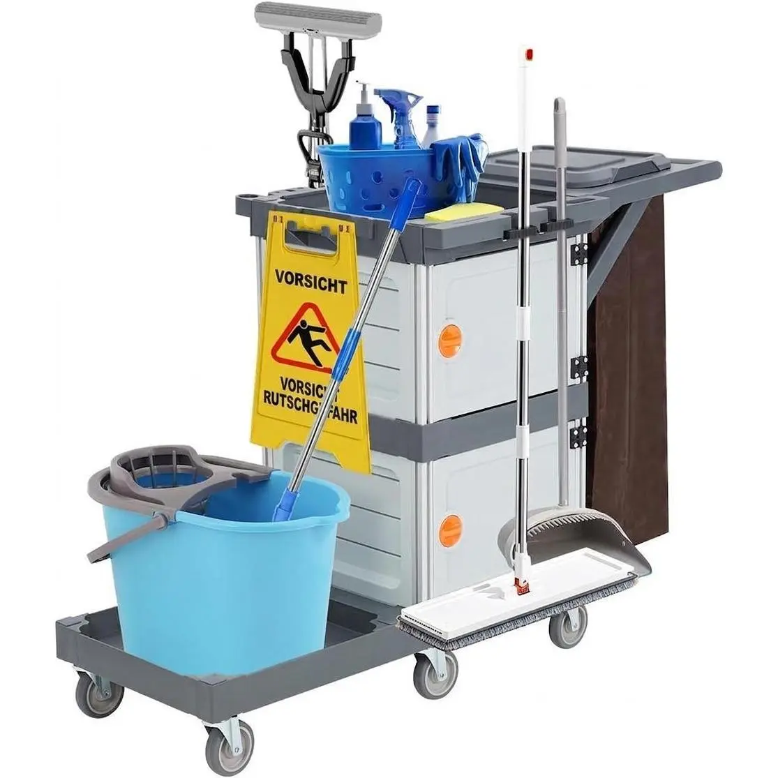 Double-Cabinet Janitorial Cleaning Cart with Trash Cover, 3 Shelves, 220 lb Capacity, Gray