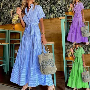 Fashion striped short-sleeved loose medium and long dress with elegant temperament