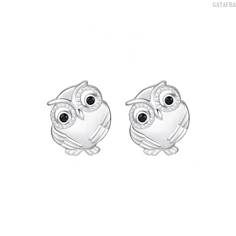 Copper Paved Rhinestone Owl Stud Earrings, Symmetric Creative Unisex European American Ear Jewelry