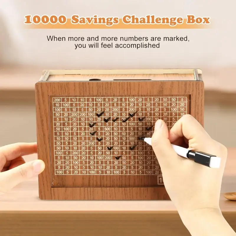 Creative wooden tracker piggy bank for 10000 USD savings, cultivate money management skills, thoughtful holiday & birthday gift