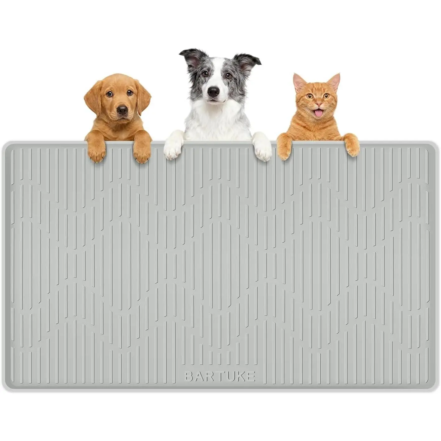 Silicone Pet Feeding Mat, 32"x22" Large Waterproof Placemat with Raised Edges, Leakproof for Cat-Dog Bowls (Grey)