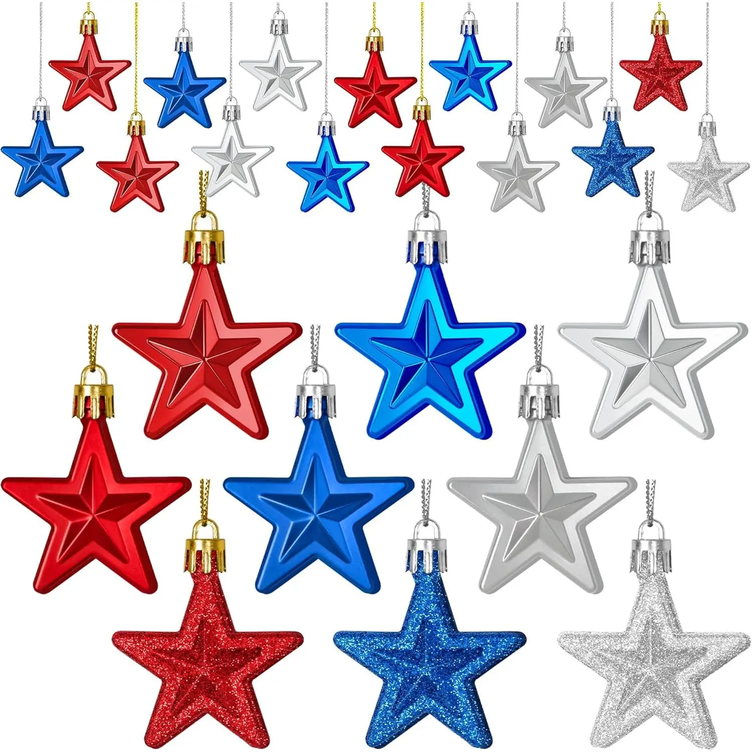 24PCS 4th of July Decorations for Tree Patriotic Star Shaped Ornaments Pre-Assembled Red Silver and Blue Star Ornaments 250 Anniversary USA Merchandise for Memorial Day Fourth of July Party Decor