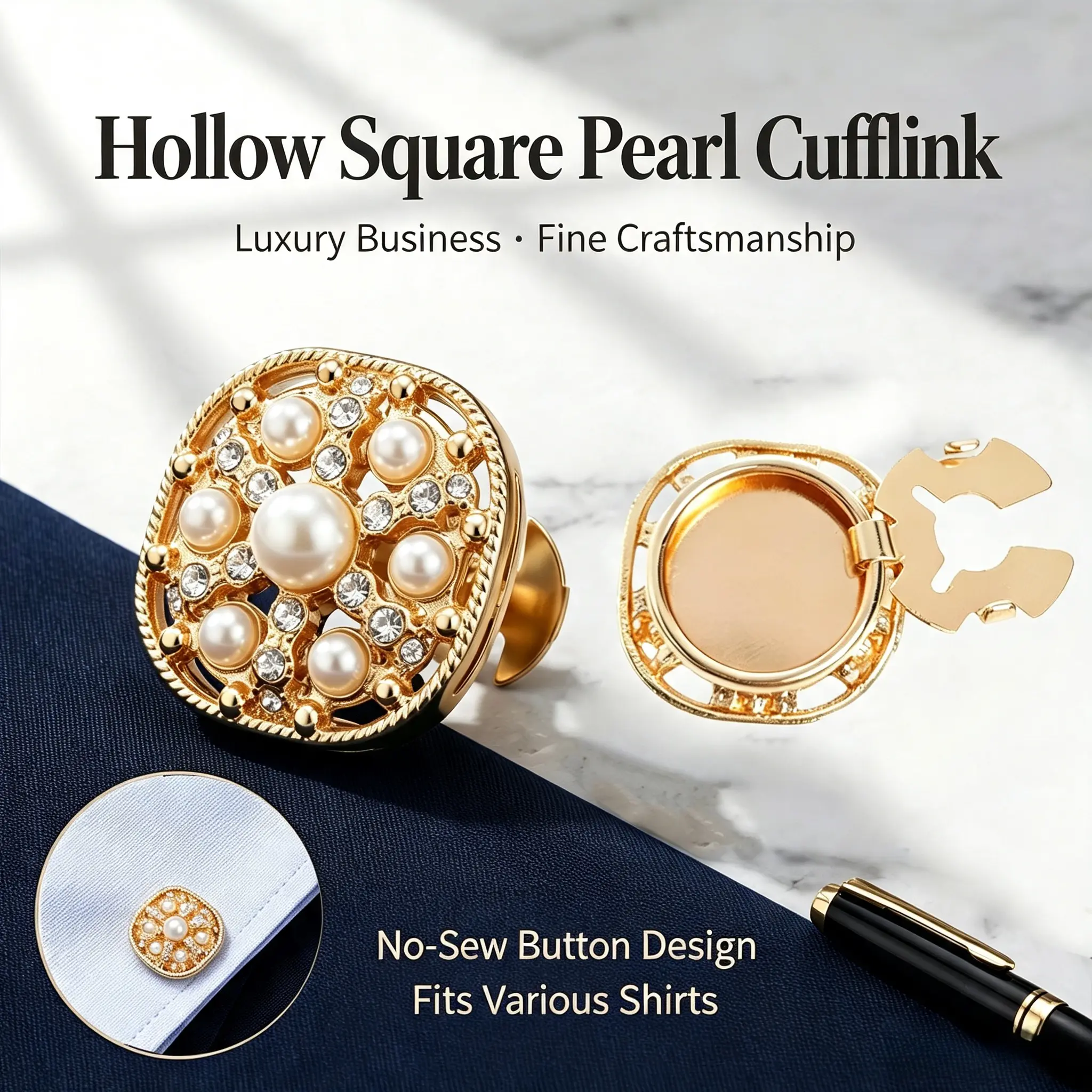 Bogadion Hollow Square Pearl Rhinestone Clip-On Button Covers - No-Sew Clothes Decorative Cuff Links, Set of 10