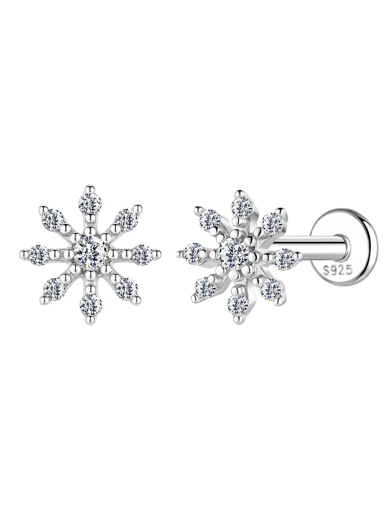 VORA 18K Gold Plated S925 Sterling Silver D Color VVS Synthetic Diamond Moissanite Flatback Stud Earring | Sparkly Winter Micro Pavé Snowflake Cartilage Helix Piercing | 100% Waterproof Perfect Holiday Gift