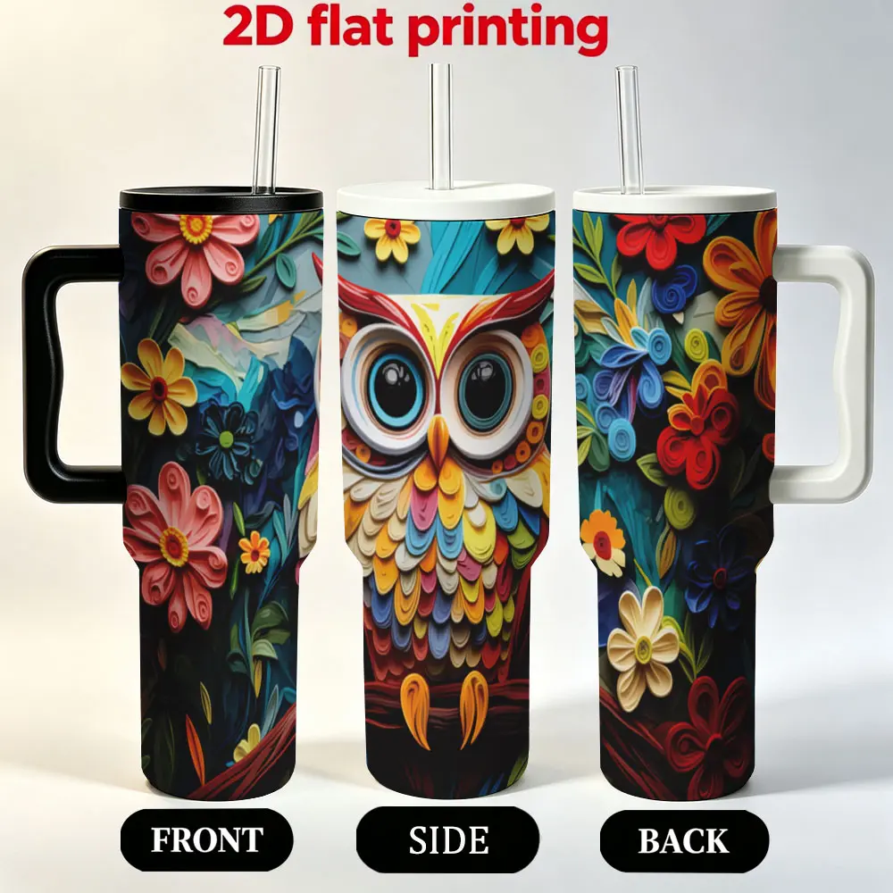 1pc 40OZ Cup with Owl and Floral Pattern for Outdoor Camping Sports, Portable, Large Capacity Water Cup, Coffee Cup with 2D Pattern Design, Reusable, Suitable for Hand Washing, Ideal Gift for Adults