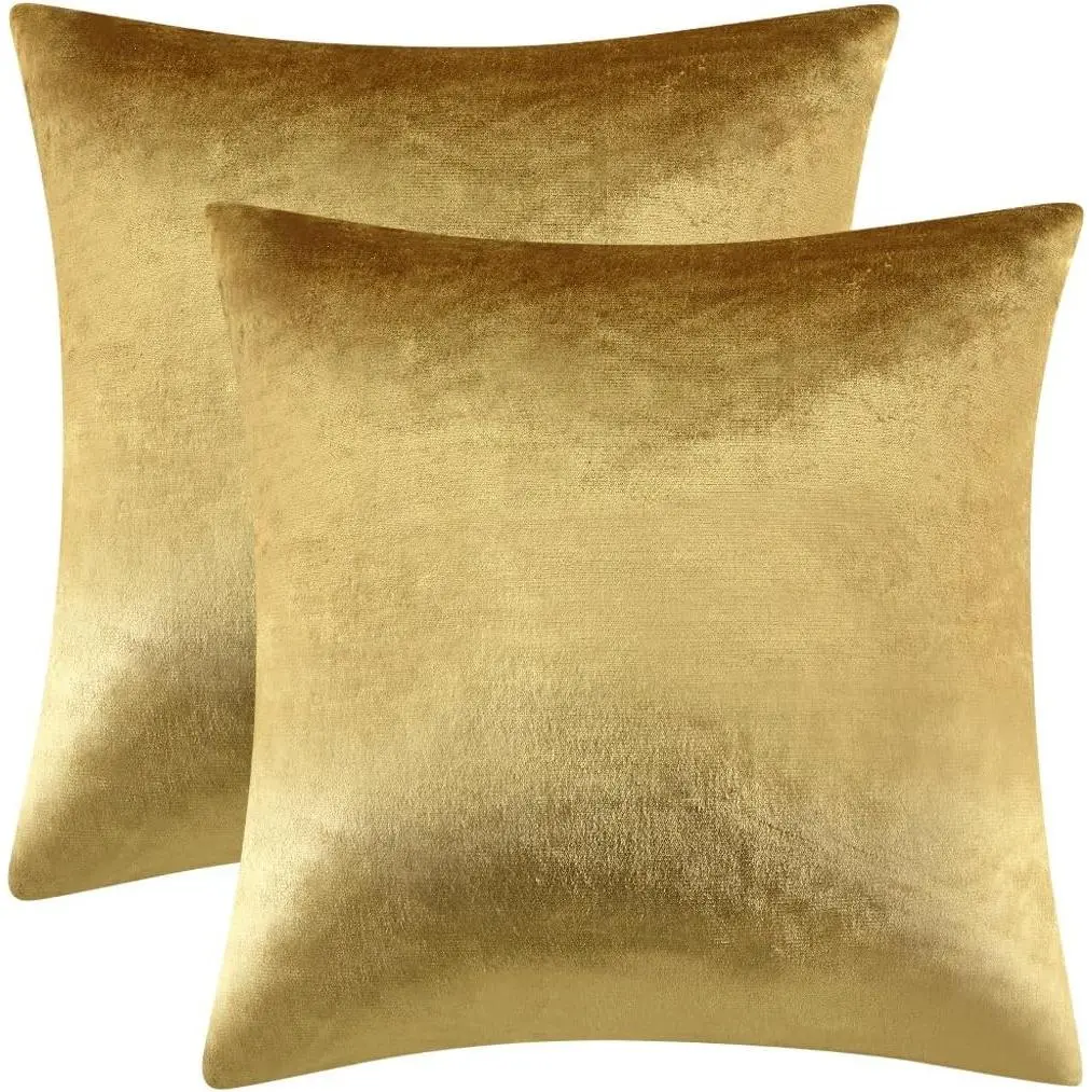 Gold Velvet Pillow Covers 18x18 Decorative Pillows Pack of 2 | Throw Pillows for Couch Sofa,300gsm Soft Textured Fabric,Modern Square Accent Pillowcases,Luxury Cushion Covers