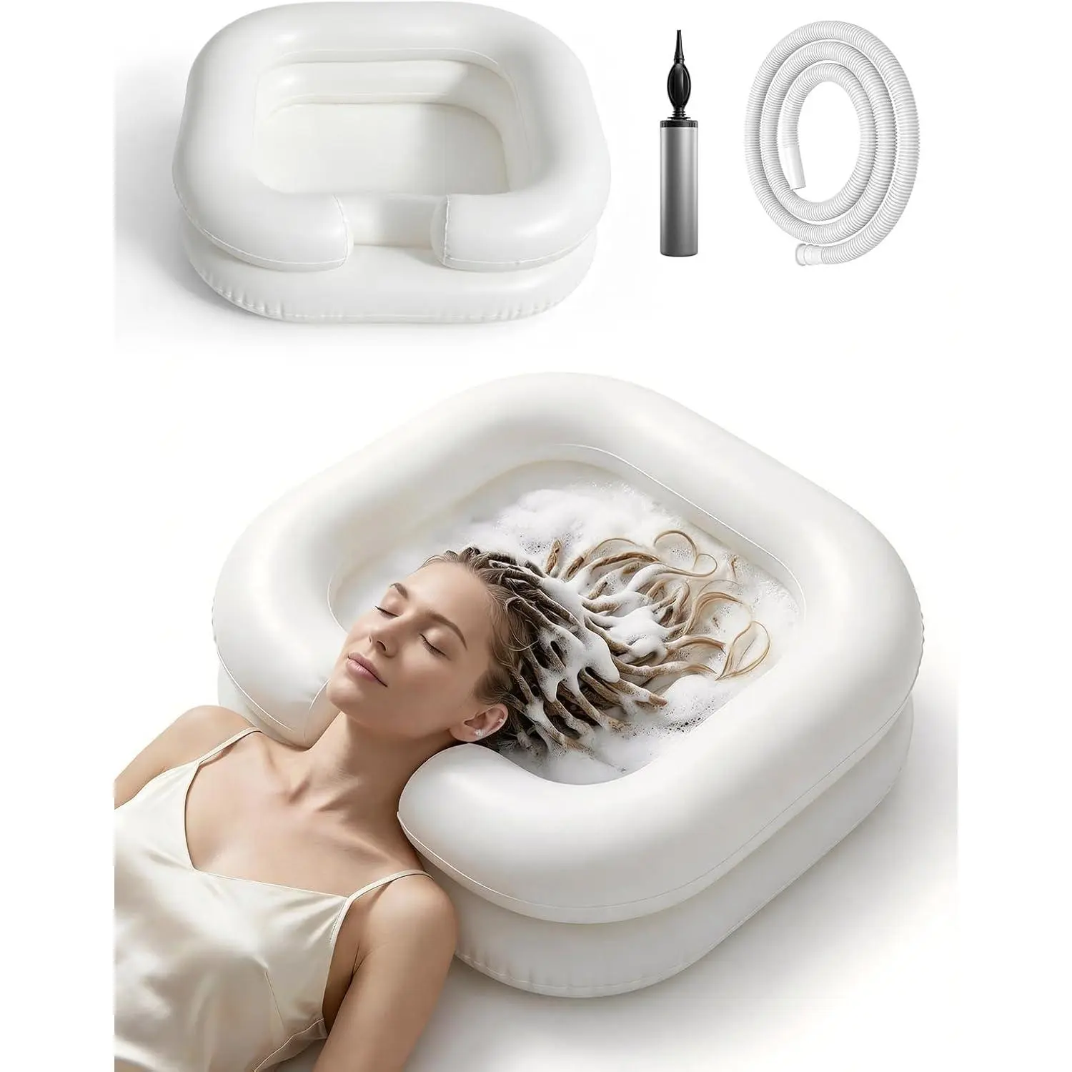 Inflatable Shampoo for Bedridden, Disabled, Elderly, Kids & Pregnant, Hair Station, Shampoo Bowl for Injured, Locs Detox Tub, ACV Rinse & Home Sinke (White)