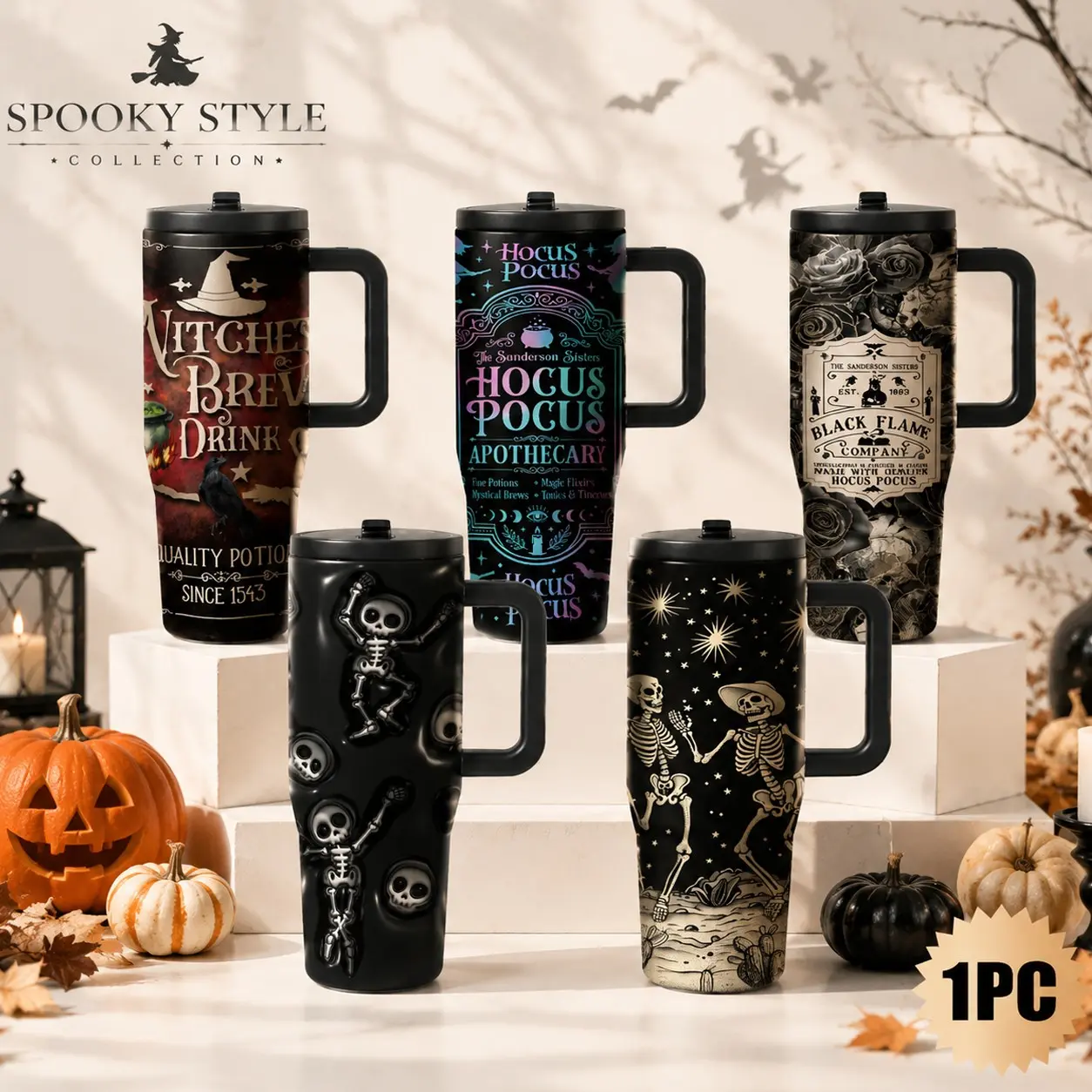 1 Pc 40oz Halloween Insulated Tumbler with Handle, Spooky Witch Design Stainless Steel Travel Cup, Double Wall Vacuum Bottle, Leak Proof Lid, Keeps Cold 24H Hot 12H, Cup Holder Friendly, Reusable Coffee Mug for Women, Fall Gift, Daily Travel
