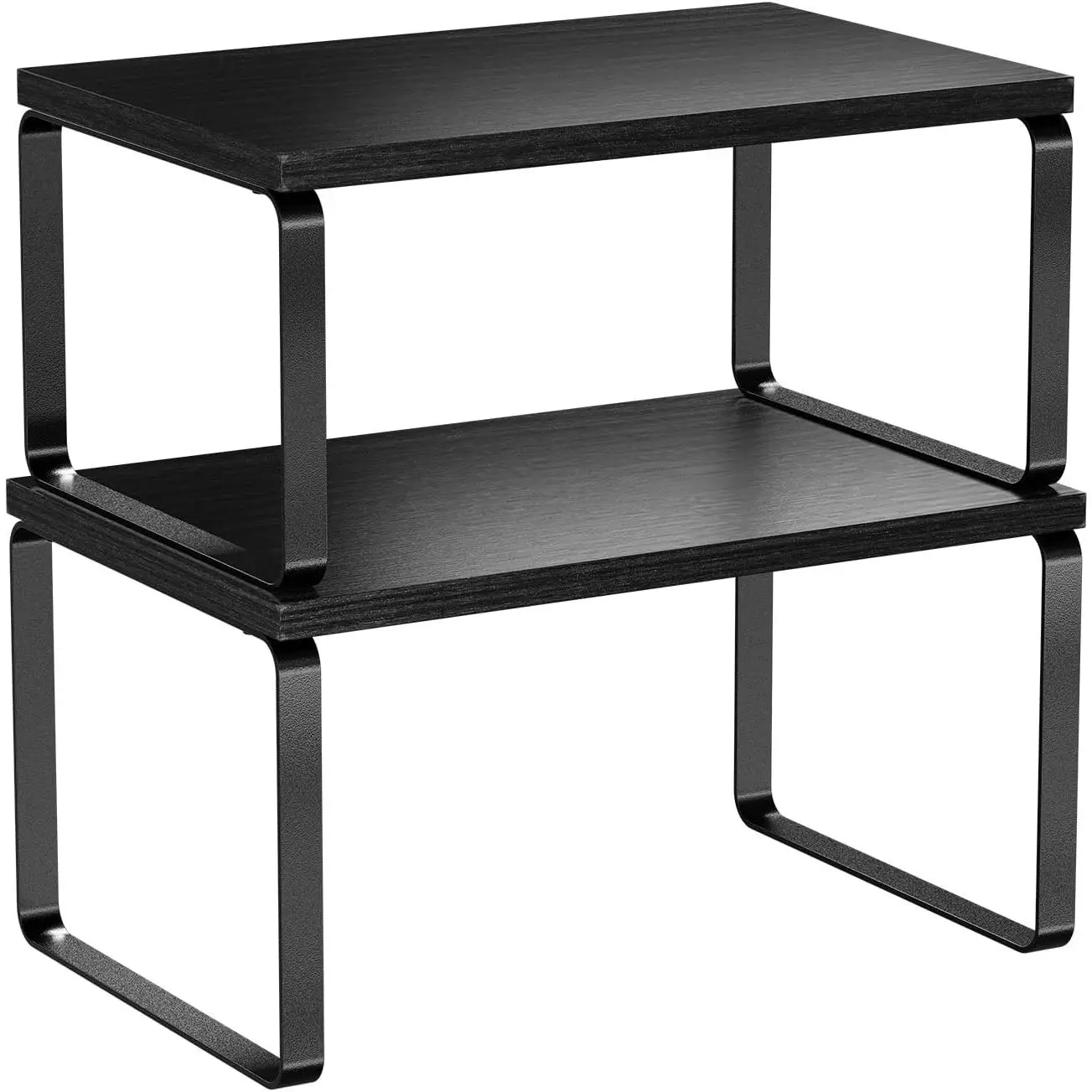 Cabinet Organizer Shelf, Set of 2 Stackable Kitchen Counter Shelves, Expandable  Rack Kitchen Storage Riser, Metal Engineered , Black